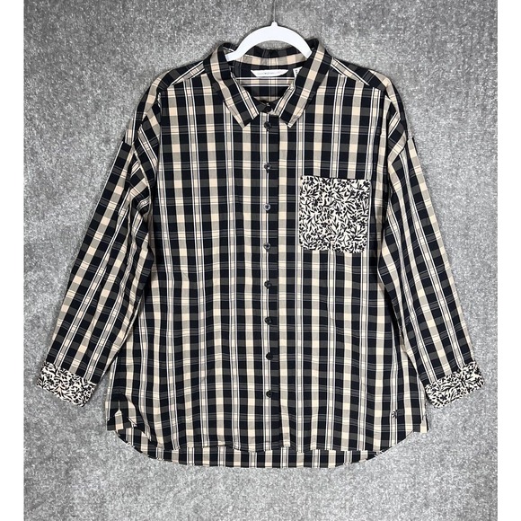 Isaac Mizrahi Live! Long Sleeve Button Up Shirt Top Womens Size 12 Plaid Floral - Picture 1 of 9